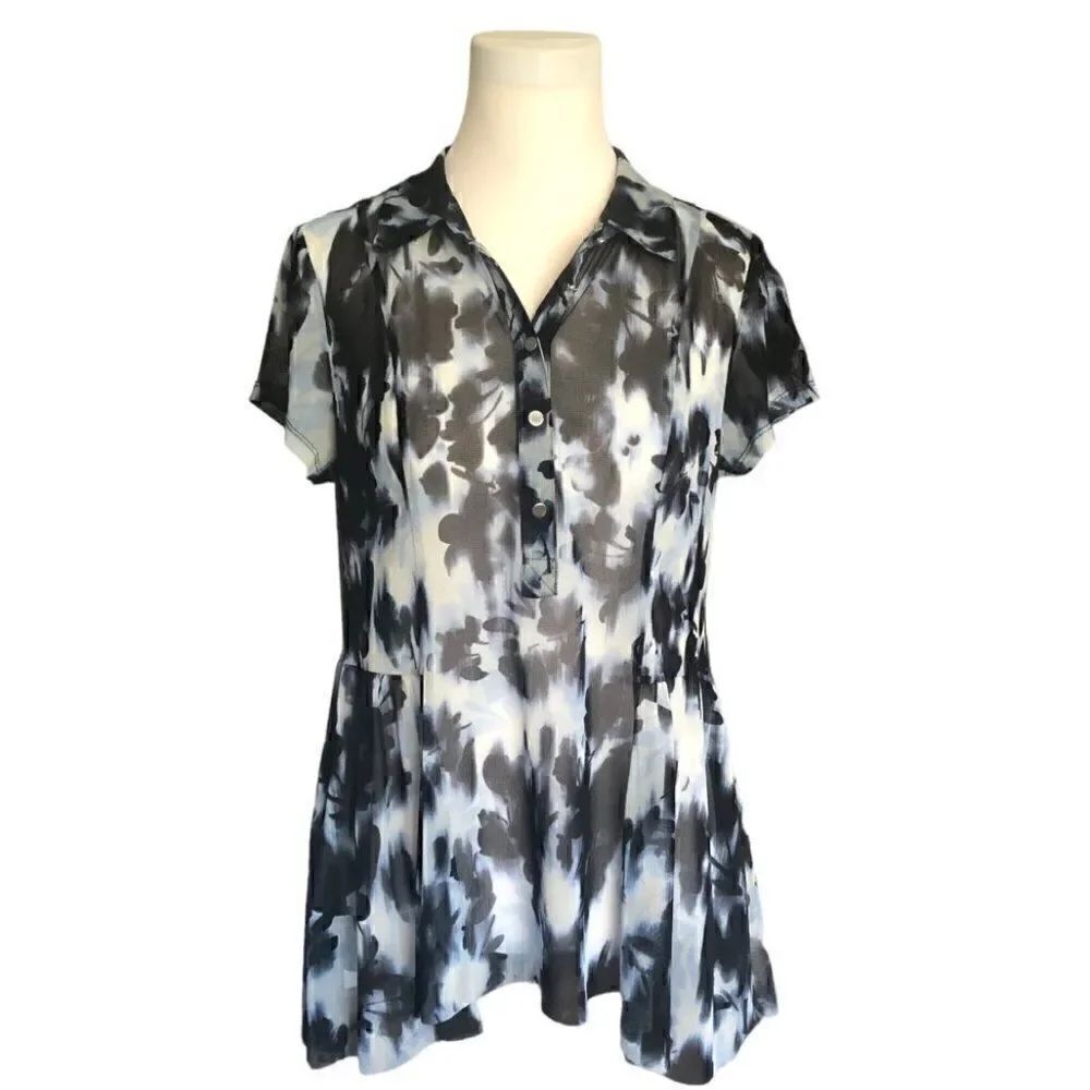 INC Top - Sheer Blue - Short Sleeve Blue Graphic Print - Sz L - Like New